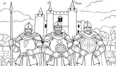 Illustration en noir et blanc de trois chevaliers en armure devant un château.