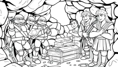 Un color panel de Tortues Ninja dans leur repaire, entourées de livres et de personnages plus âgés.