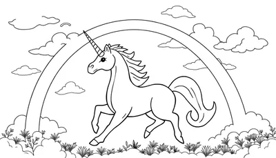 Dessin au trait d'une licorne courant sous un arc-en-ciel, style livre de coloriage, invitant à la coloration.