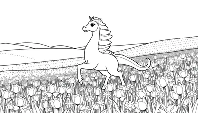 Page à colorier d'une licorne dans un champ de fleurs avec des lignes claires pour le color panel.