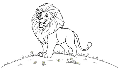 Lion souriant sur une colline, prêt à être colorié dans un panneau de coloriage.