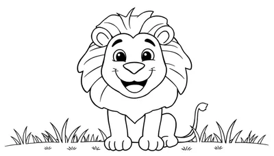 Lion de dessin animé souriant dans l'herbe, prêt pour un color panel.
