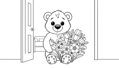 Ours en peluche dessin au trait tenant des fleurs, prêt à être coloré.