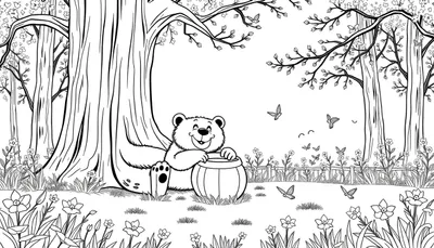 Un ours souriant tient un pot de miel à côté d'un arbre dans un color panel.