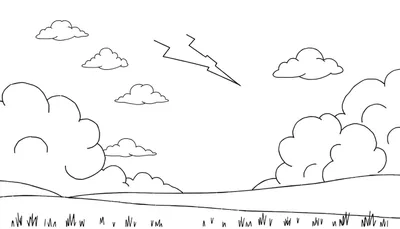 Dessin au trait d'un paysage orageux avec un éclair.