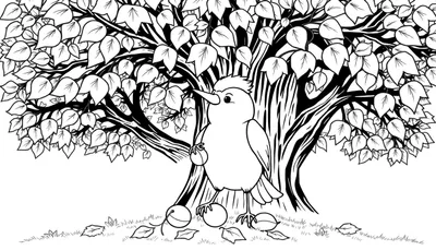 Un écureuil joyeux cueillant des noisettes sous un arbre coloré, un panel de coloriage pour enfants.