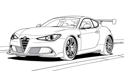 Dessin au trait d'une Alfa Romeo sportive vue de côté, avec un aileron arrière proéminent.