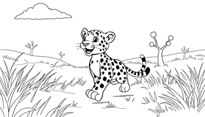 Dessin au trait noir et blanc d'un jeune léopard souriant courant dans la savane.