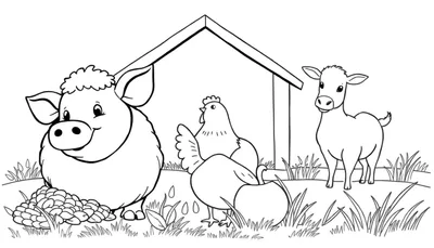 Un dessin au trait d'une ferme avec un cochon, deux poulets et un veau.