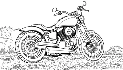 Un dessin au trait d'une moto de style croiseur sur un sol accidenté avec un color panel coloré.