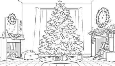 Une pièce décorée pour Noël avec un sapin, des cadeaux, une cheminée et une fenêtre.
