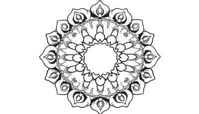 Un dessin complexe en noir et blanc ressemblant à un mandala, avec des motifs circulaires et des couches de formes stylisées, parfait pour un color panel.