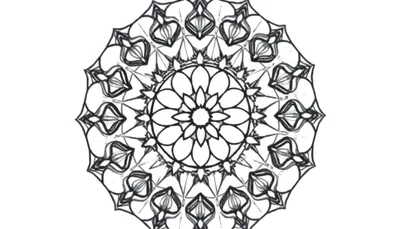 Un mandala complexe en noir et blanc avec des motifs floraux et géométriques, parfait pour colorier avec un color panel.