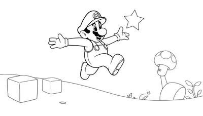 Dessin au trait de Mario sautant vers une étoile dans le Royaume Champignon, avec des blocs et un champignon en arrière-plan. Parfait pour un color panel.