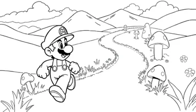 Un dessin au trait de Mario courant sur un chemin sinueux, avec de l'herbe, des champignons, des montagnes et des nuages en arrière-plan, prêt à être colorié.