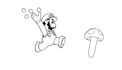 Mario saute pour attraper des pièces, un champignon est à proximité, sur un color panel.