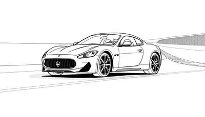 Dessin au trait d'une Maserati GranTurismo sur une piste de course, prête pour une coloration.