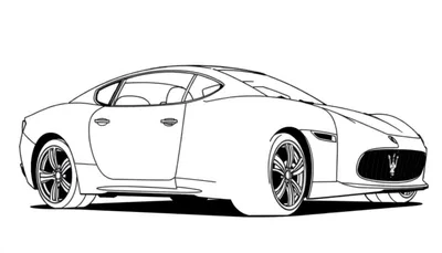 Illustration en noir et blanc d'une voiture Maserati sportive, prête à être coloriée.