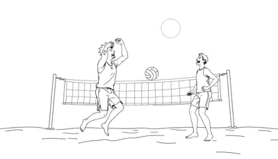 Dessin au trait d'une plage avec deux joueurs de beach-volley, un prêt à frapper la balle, l'autre attendant, avec un filet et une balle.