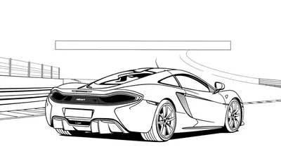 Voiture de sport McLaren dessinée en noir et blanc, vue de l'arrière sur une piste, avec un espace pour un color panel.