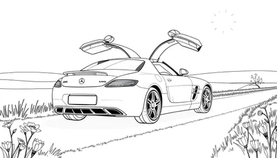 Dessin au trait d'une Mercedes-Benz SLS AMG avec ses portes papillon ouvertes, garée sur une route de campagne pittoresque avec un soleil dans le ciel. Idéal pour un color panel.