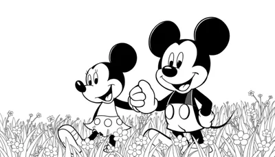 Mickey et Minnie se tenant la main dans un champ de fleurs, style dessin animé classique en noir et blanc.
