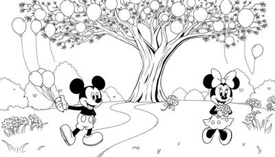 Mickey et Minnie célèbrent dans un parc avec des ballons, un grand arbre et des fleurs.