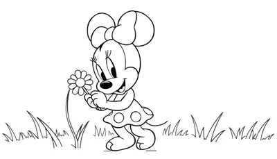 Minnie Mouse bébé en robe à pois, tenant une fleur dans un champ, sur une plaque couleur.