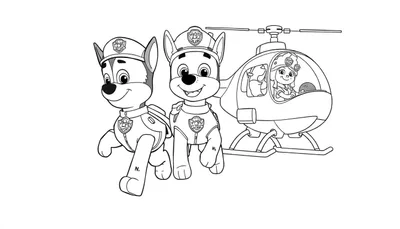 Dessin au trait de deux chiots Pat' Patrouille courant devant un hélicoptère avec une petite fille souriante à l'intérieur, idéal pour un coloriage.