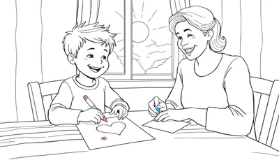 Une mère et son fils dessinent ensemble, le garçon crée un cœur et une fleur, la mère sourit.