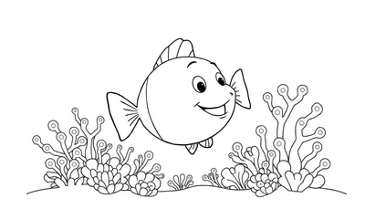 Un poisson de dessin animé souriant nageant dans un récif corallien, prêt à être colorisé.
