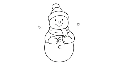 Bonhomme de neige joyeux en noir et blanc avec chapeau et écharpe, tenant une carotte et des brindilles, entouré de flocons de neige.