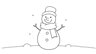 Un bonhomme de neige dessiné au trait, avec un chapeau haut de forme et une écharpe, entouré de flocons.