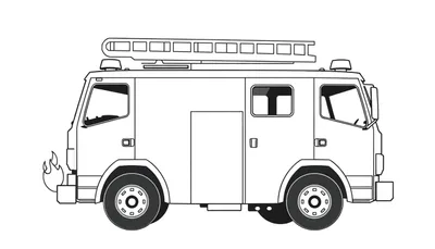 Illustration au trait d'un camion de pompiers avec une échelle, prêt pour le coloriage.