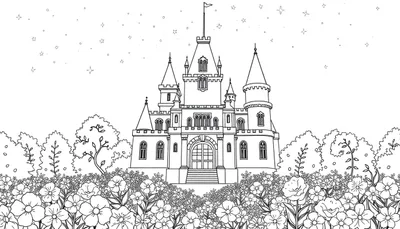 Un château de conte de fées dessiné avec des détails complexes, entouré de fleurs et d'un ciel étoilé, parfait pour un color panel.