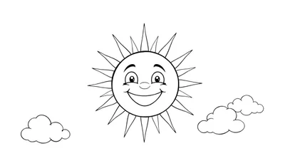 Un dessin au trait d'un soleil souriant avec des nuages, prêt pour le color panel.