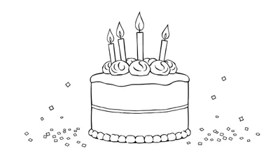 Gâteau d'anniversaire dessiné au trait avec cinq bougies allumées et confettis, parfait pour un color panel.