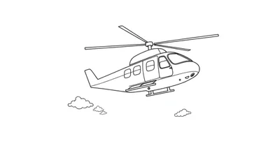 Un hélicoptère de dessin animé noir et blanc volant dans un ciel clair avec des nuages légers.