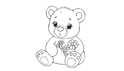 Dessin au trait d'un ours en peluche tenant des fleurs.