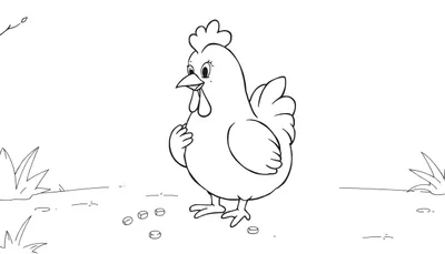 Un dessin au trait simple et enfantin d'une poule dans un champ, avec un color panel à proximité.