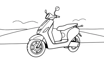 Un scooter dessiné au trait en noir et blanc, prêt à être colorisé, avec un arrière-plan minimaliste.