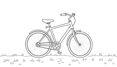 Un vélo dessiné, prêt à être coloré, avec une roue avant, un guidon, une selle, un pédalier, une chaîne et une roue arrière, sur un terrain herbeux. Un color panel pour l'imagination.