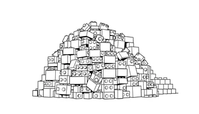 Un grand tas de briques de construction de style Lego, dessinées en noir et blanc, formant une colline irrégulière.