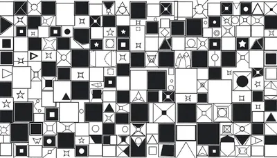 Panneau de couleurs avec des carrés noirs et blancs remplis de formes géométriques variées pour un design créatif.