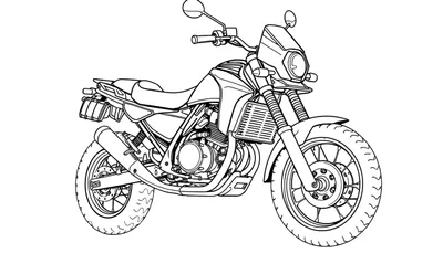 Moto de style aventure dessinée au trait, prête à être coloriée.