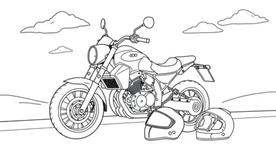 Moto classique dessinée avec deux casques, style livre de coloriage, pour un color panel