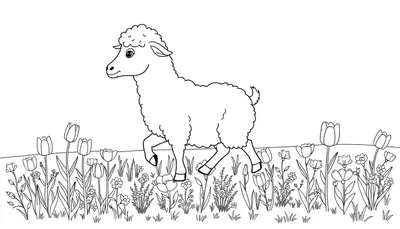 Un dessin au trait noir et blanc d'un mouton joyeux dans un champ de fleurs, prêt à être colorisé.