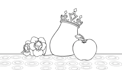 Un pot orné, des roses et une pomme sur un fond de cercles concentriques, parfait pour un color panel.