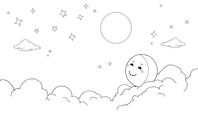 Ciel nocturne avec une lune souriante, des étoiles et des nuages.