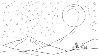 Paysage noir et blanc avec une grande sphère céleste et des montagnes.